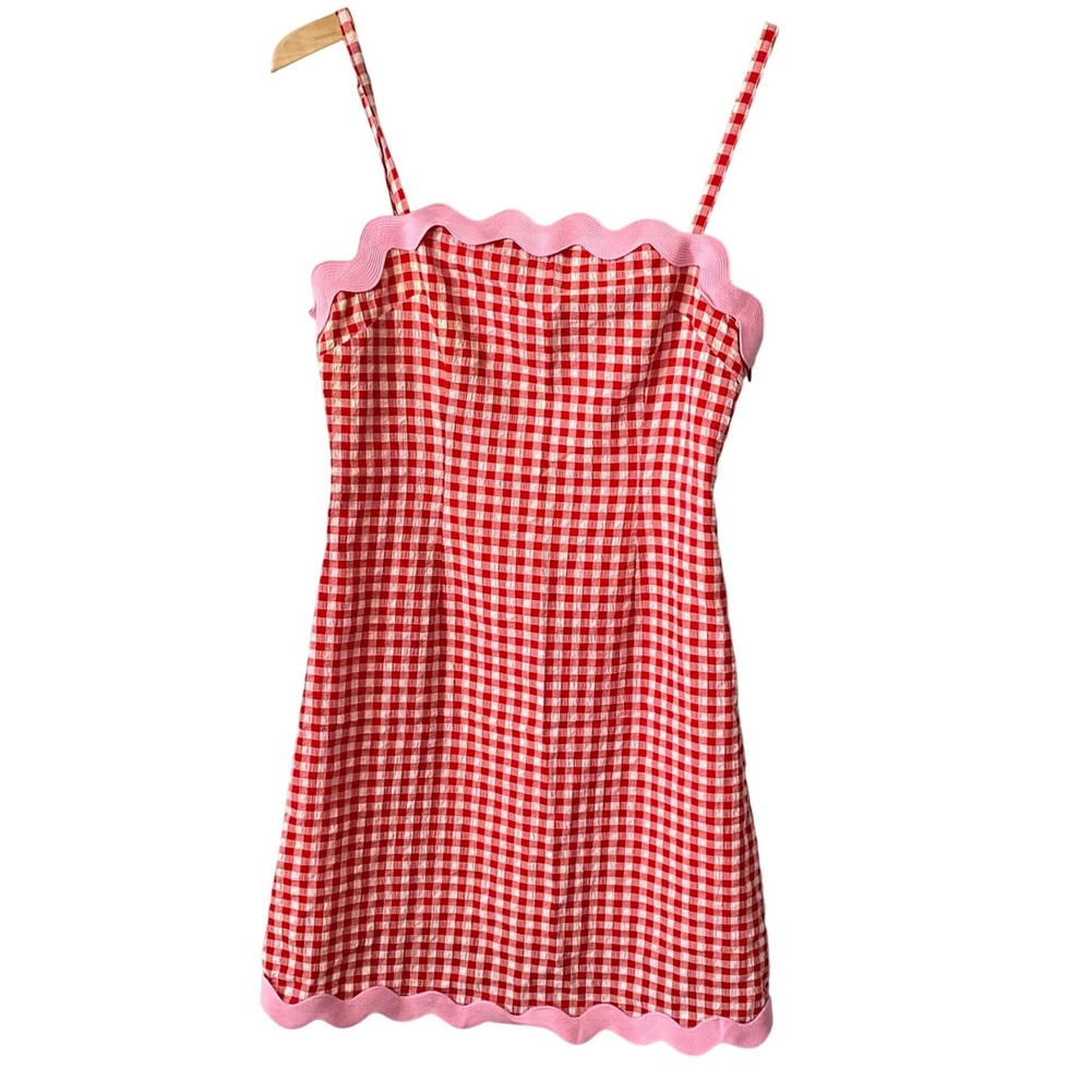 Olivia Rubin Ariana Red Gingham Prairie Scalloped Mini Dress Pink Trim US 4